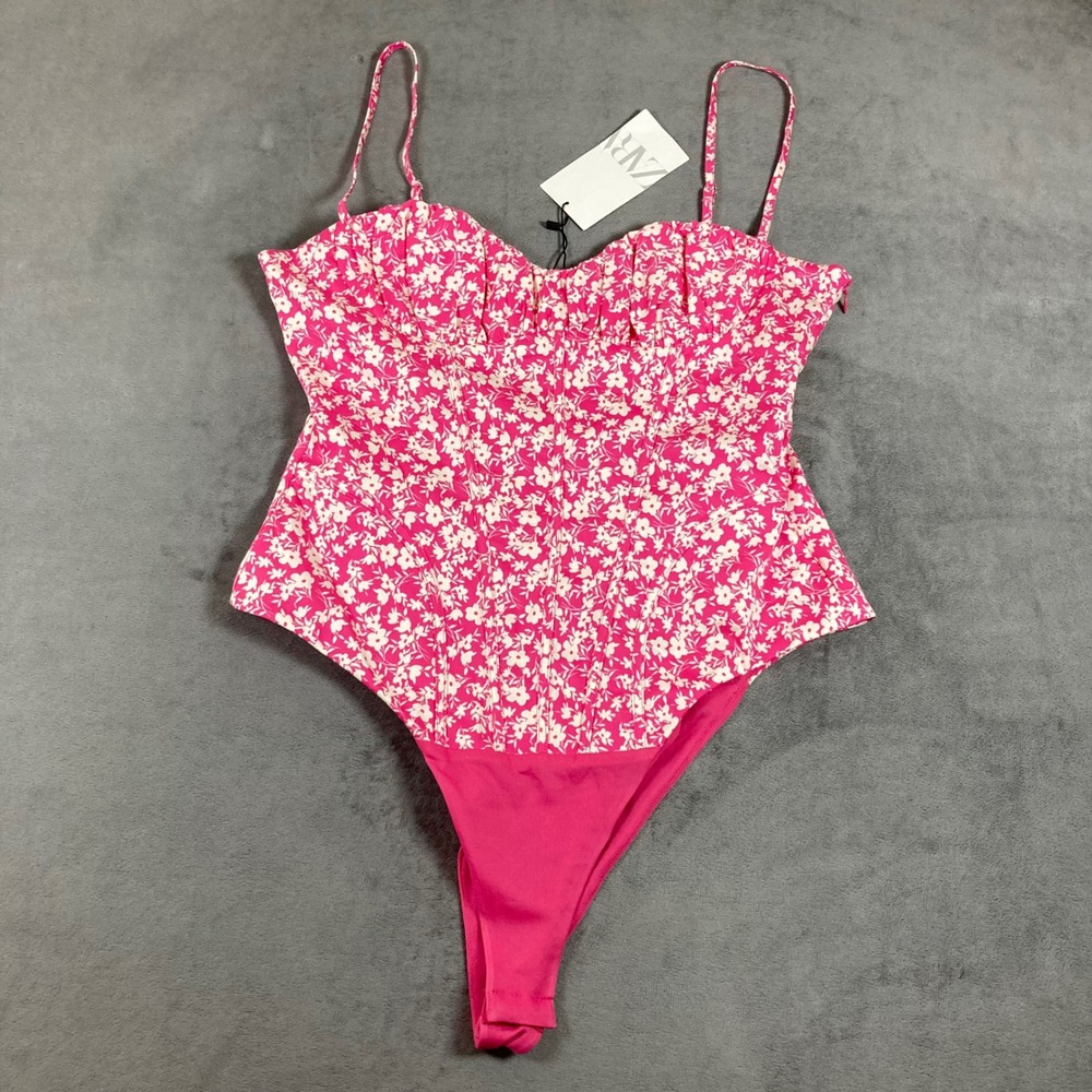Zara Pink Floral Corset Bodice Bodysuit Sweetheart Neck Large NWT